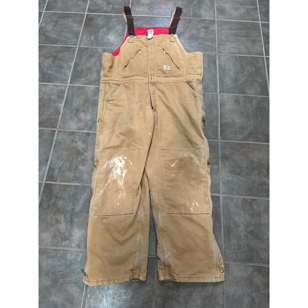 Carhartt R38 BRN Men 46x32 Quilt Lined Duck Bib Overalls Brown Distressed Paint